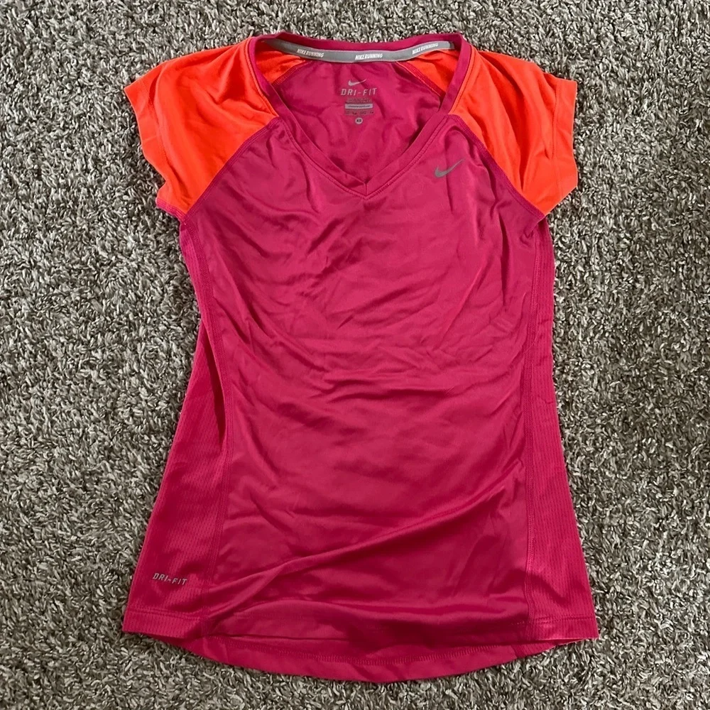 Nike Dri-FIT Pink Orange V-Neck Athletic Running Shirt XS
